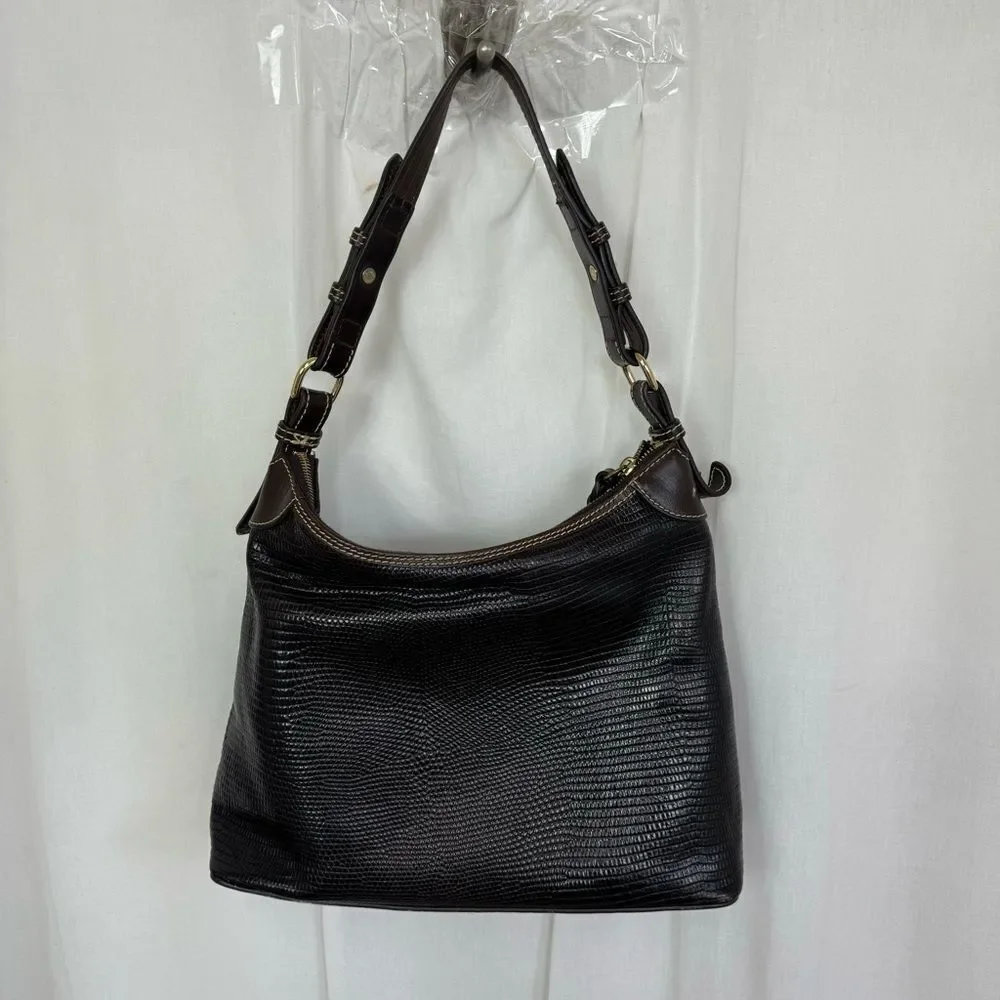 Dooney & Burke Pebble Grain Leather Lizard Embossed Hobo Shoulder Bag Brown